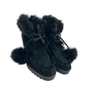 Coach Kaisya Wedge Boots Women's Size 7.5 Medium Black Suede Faux Fur Lace‎ Up